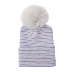 Detailed view of soft striped newborn beanie featuring a large fluffy white pom-pom