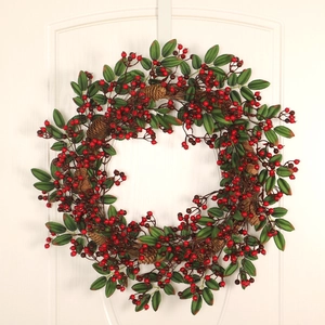 Corona Di Natale Artificiale Con Bacche Rosse Pigne Grandi Foglie Verdi Per Decorazione Porta Parete E Casa Per Feste