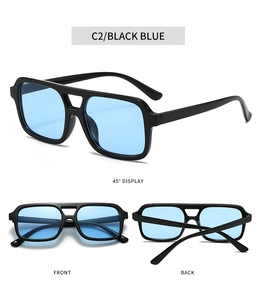 Detail view of black square sunglasses with blue lenses and double bridge design