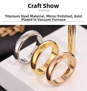 Polished stainless steel rings in silver, gold, and rose gold finishes on display stands