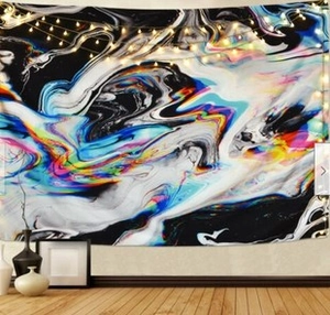 Detail of Nordic Christmas wall tapestry featuring abstract marble patterns and fairy lights