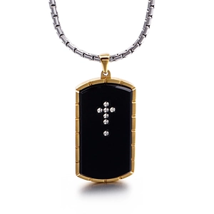 Men's titanium steel dog tag necklace with black and gold cross pendant on silver chain