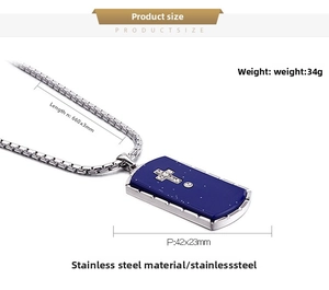 Detail showing polished stainless steel cross pendant with dimensions and weight info