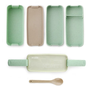 Three-layer 900ml wheat straw lunch box with cutlery and green beige compartments