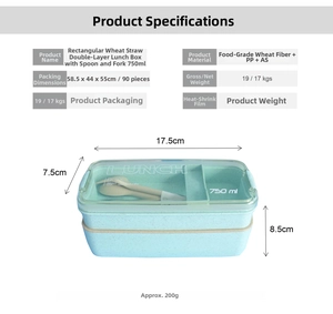 Detail of 750ml wheat straw bento box with dimensions and cutlery set included