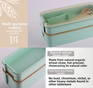 Macro detail of 750ml wheat straw lunch box with tiered compartments and utensils