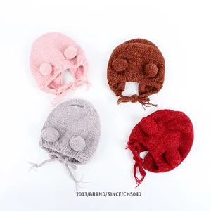 Winter chenille knit baby earflap hat with bear ears and adjustable straps in four colors