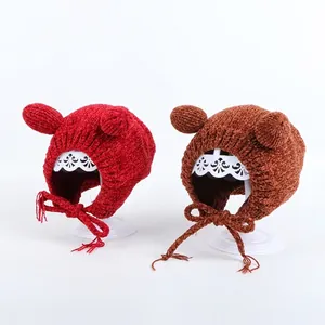 Winter baby chenille knit bear hat with earflaps and warm straps in red and brown