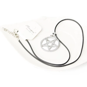 Star pentagram pendant necklace with black cord cord and silver-tone alloy finish