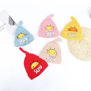 Winter thermal thick knit baby sun hat set with sunflower embroidery in five soft colors