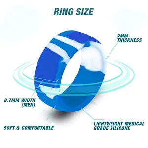 8.7mm wide blue marble silicone sports ring for men made of medical grade soft material