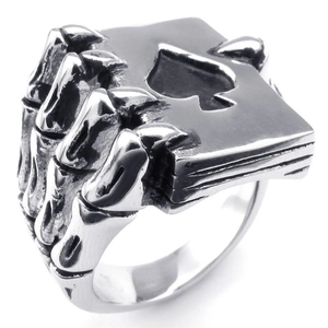 Vintage silver spade poker hand ring with skeleton bone fingers for men's gothic style