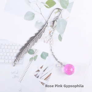 Detailed silver feather metal bookmark with rose red gypsophila dried flower pendant
