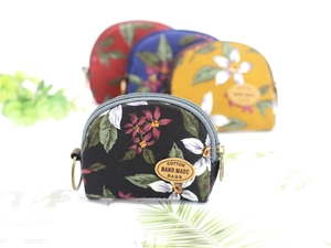 Floral print semi-circular canvas coin purses with metal zippers and round keyrings