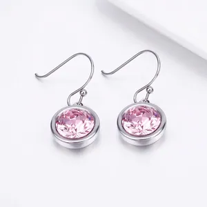 Round Zircon Drop Earrings Stainless Steel Colorful Hook Dangle Jewelry For Women Minimalist Style
