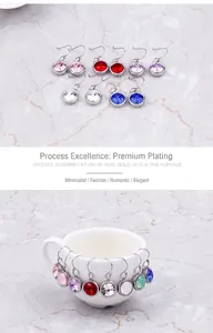 Macro detail of round-cut colorful zircon earrings on a ceramic cup edge