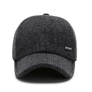 Men's winter wool blend baseball cap with ear protection and metal sport emblem