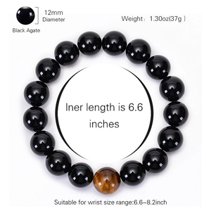12mm Black Agate and Tiger Eye stone beaded bracelet for men and women on white background