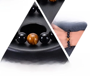 Close-up of black onyx and tiger eye stone bead bracelet with model wearing shot