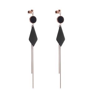 Rose gold geometric rhombus titanium steel earrings with black elements and long tassels