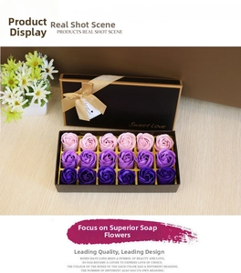 Detailed gift box with 18 gradient rose soap flowers in pink and purple colors