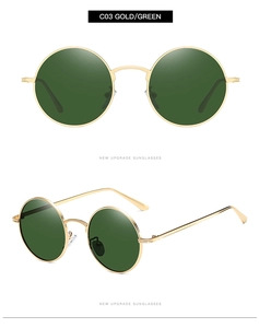 Detail view of round gold metal frame sunglasses with dark green lenses C03 model