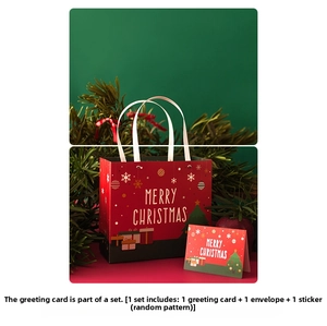 Christmas gift set with red rivet paper bag, matching greeting card and stickers