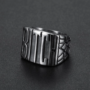 Retro stainless steel band ring with BITCH engraving on black matte surface