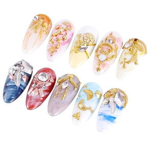 Star and moon gold alloy nail charms with rhinestones and marble patterns set