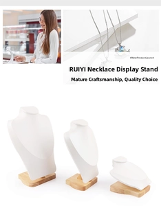 Three-piece set of white leather necklace display busts with premium wooden bases
