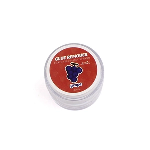 Close-up of 5g grape scented eyelash glue remover in a clear jar with red label