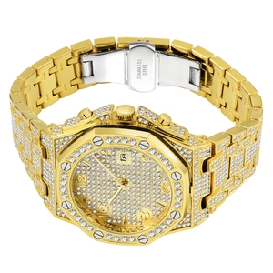 Luxurious gold stainless steel watch with full diamond setting and octagonal bezel