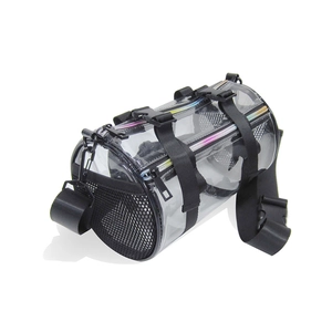 Close-up of a transparent PVC cylindrical bag with iridescent zippers and black straps