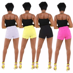 High-waisted ripped denim shorts in purple, yellow, black, and rose red colors