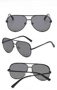 Three views of classic aviator sunglasses featuring double-bridge black metal frames