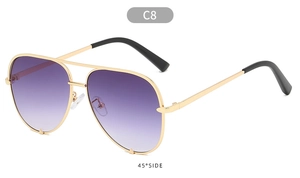 45-degree side view of pilot sunglasses with gold metal frame and purple gradient lenses