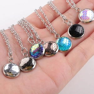 Polished stainless steel necklaces with colorful fish scale pattern round pendants