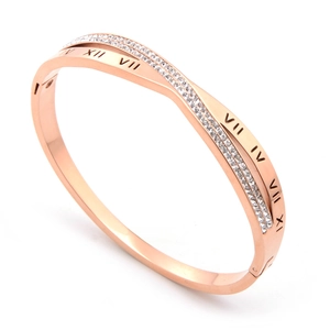 Rose gold Roman numeral crisscross bangle with sparkling double row crystals for women