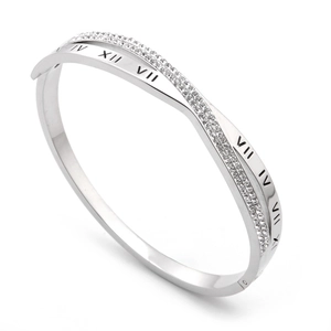 Silver Roman numeral crossover bangle with crystals in 18k rose gold plated titanium steel