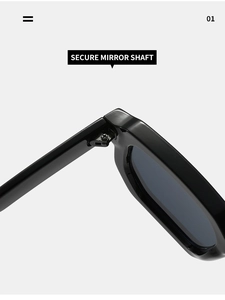 Detail view of reinforced metal hinge and mirror shaft on black square sunglasses