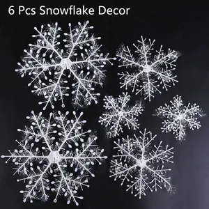 Set of 6 white plastic snowflakes with glitter finish for Christmas winter tree decor