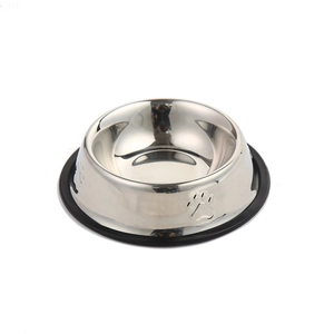 Non-slip stainless steel pet food bowl with black rubber base and paw print design