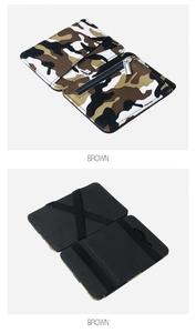 Detail of brown camo PU leather wallet showing zipper pocket and internal elastic bands