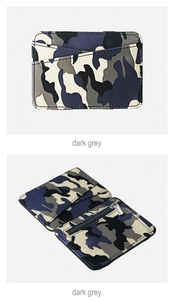 Detail view of dark grey camouflage wallet featuring multiple card slots and zipper pocket