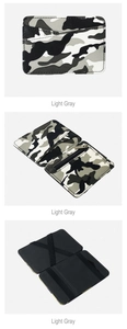 Detail view of light gray camouflage magic wallet with card slots and elastic straps