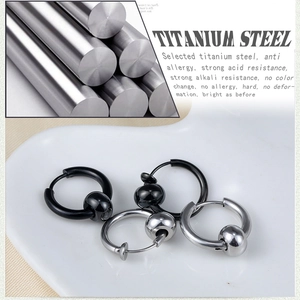 Polished titanium steel hoop earrings with movable beads in silver and black finishes