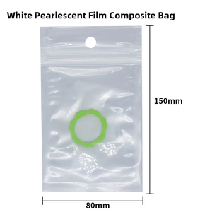 Detailed view of pearlized film pouch with hang hole and sealing strip for silicone rings