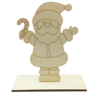 Close-up of a DIY unfinished wooden Santa Claus cutout with a stand for holiday crafts