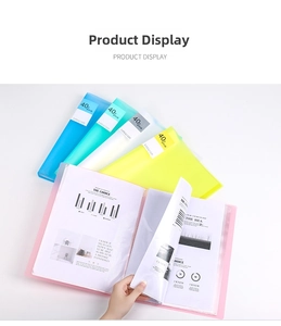 Detail showing translucent 40-pocket internal sleeves of a colorful A4 display folder