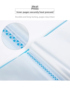 Detail of durable heat-pressed binding on the inner pages of a blue A4 display folder